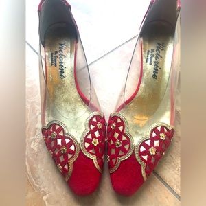 Vintage Victorians by Demario red suede beaded/clear plastic heel US 8